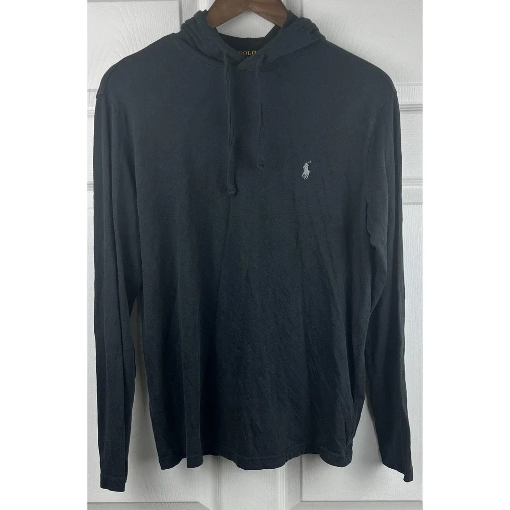 Polo Ralph Lauren T-Shirt Hoodie Mens Small Black Long Sleeve Pullover Pony‎